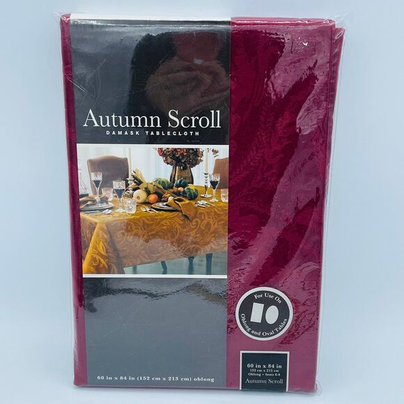 Fall Style Autumn Scroll Wine Cranberry Damask Oblong Oval Tablecloth 60” x 84” - Picture 1 of 8